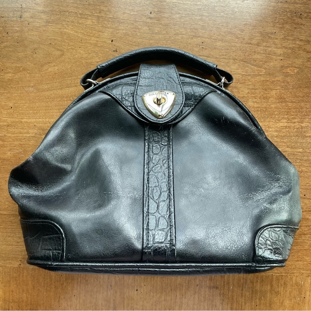 Vintage Black Leather Satchel with Gold Heart Turn-Lock - Picture 3 of 16
